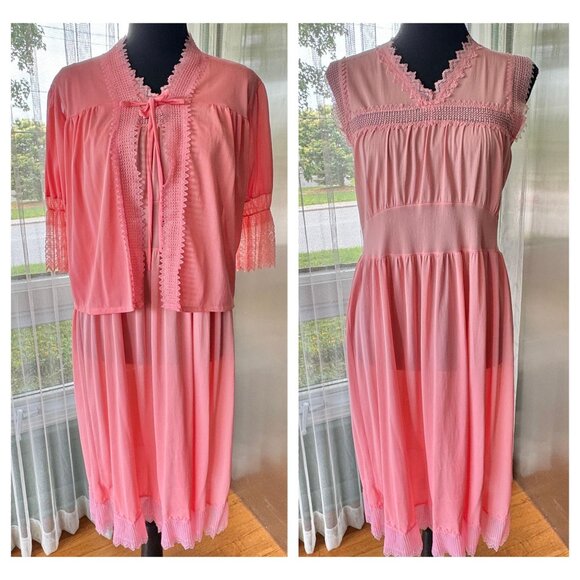 Vintage 1960s lingerie set, peach/coral pastel, negligee & peignoir, 2 pieces - Picture 2 of 10